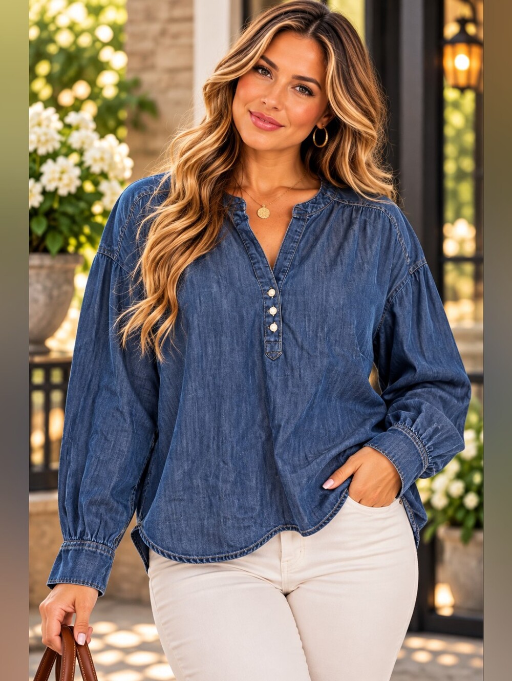 ​🔥NWT Time and Tru Blue Denim Chambray Long Sleeve Henley Tunic  Blouse XL